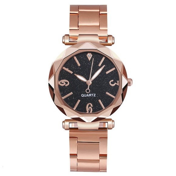 **EMALINE* Rose Gold x Black Rhinestone Fashion Quartz Watch - Picture 1 of 3